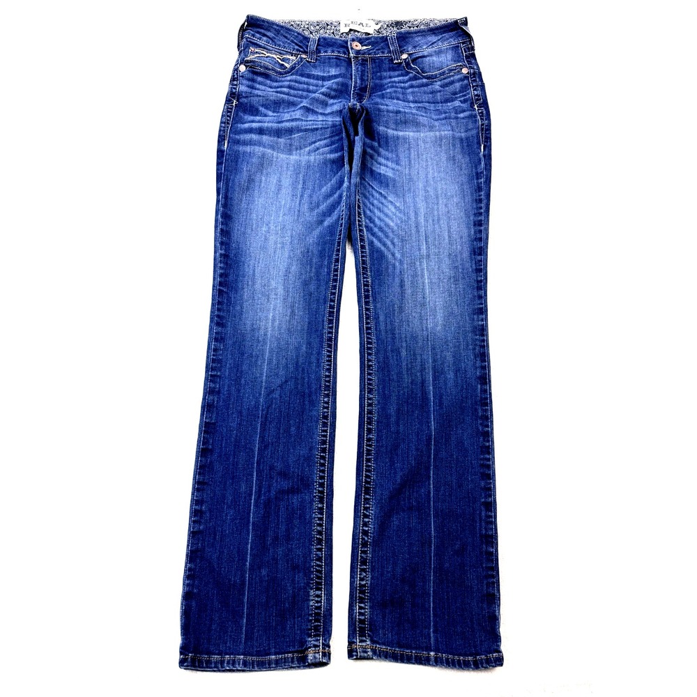 Ariat REAL Jeans Women 32x34 Blue Whisker Distress Boot XL Pacific Denim Western